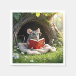 Muis leest een rood boek op een deken servet