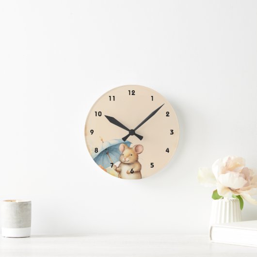 Muis met blauwe paraplu sinaasappel roze bloempapi ronde klok (Huis)