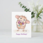 Muis met Bloem Boeket Gelukkige Verjaardag Briefkaart (Staand voorkant)