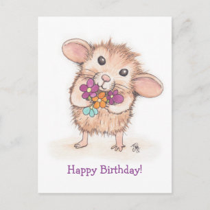 Muis met blote Bouquet Happy Birthday Briefkaart