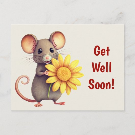 Muis met de Gele Bloem Schattig Beterschap Briefkaart (Voorkant)