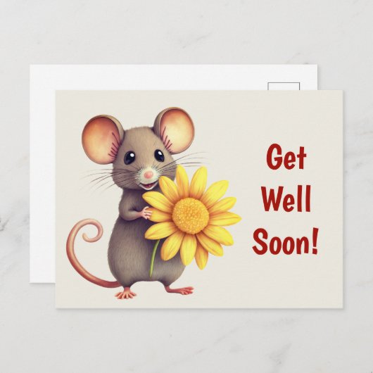 Muis met de Yellow Flower Schattige Get Well Binne Briefkaart (Voorkant / Achterkant)