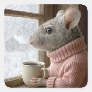 Muis Met een Kopje Koffie Vierkante Sticker