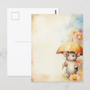 Muis met gele paraplu aquarel achtergrond briefkaart