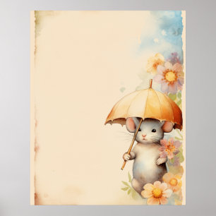 Muis met gele paraplu aquarel achtergrond poster