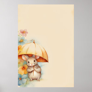 Muis met gele paraplu blauw sinaasappel roze bloem poster