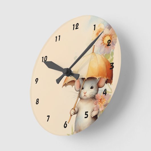 Muis met gele paraplu waterverf achtergrond ronde klok (Hoek)