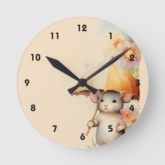 Muis met gele paraplu waterverf achtergrond ronde klok (Voorkant)