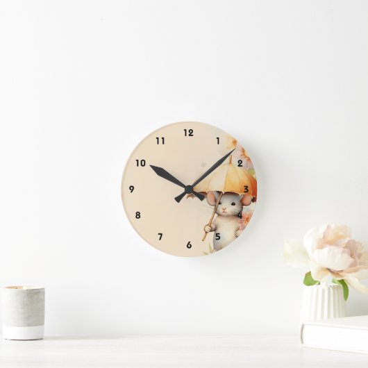 Muis met gele paraplu waterverf achtergrond ronde klok (Huis)