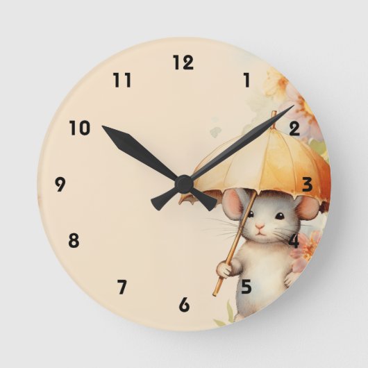 Muis met gele paraplu waterverf achtergrond ronde klok (Voorkant)