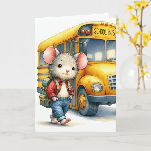 Muis met gele schoolbus kaart (Gele Bloem)