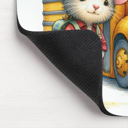 Muis met gele schoolbus muismat (Hoek)