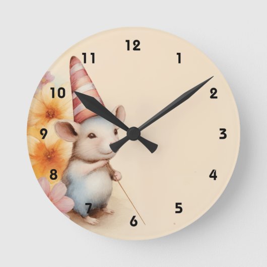 Muis met gestreept pet sinaasappel roze bloemetjes ronde klok (Voorkant)