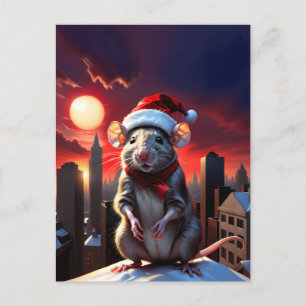 Muis met kerstmuts hoog op het dak 's avonds briefkaart