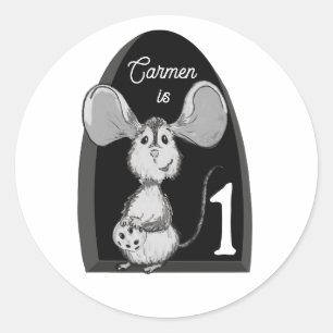 Muis met melk en koekje eerste verjaardag ronde sticker