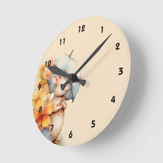 Muis met paraplu bloemen gekleurd papier ronde klok (Hoek)