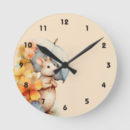 Muis met paraplu bloemen gekleurd papier ronde klok