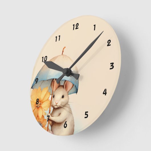 Muis met paraplu en oranje bloemetjes op bruin ronde klok (Hoek)