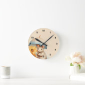 Muis met paraplu en oranje bloemetjes op bruin ronde klok (Huis)