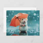 Muis met paraplu in regen: Schattigee regenachtige Briefkaart (Voorkant / Achterkant)
