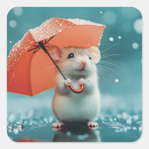 Muis met paraplu in regen: Schattigee regenachtige Vierkante Sticker