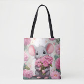 Muis met roze bloem boeket tote bag (Voorkant)