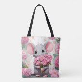 Muis met roze bloem boeket tote bag (Achterkant)