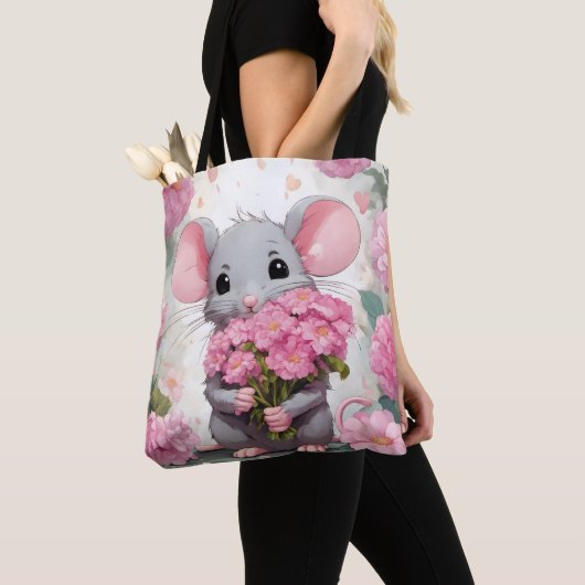 Muis met roze bloem boeket tote bag (Dichtbij)