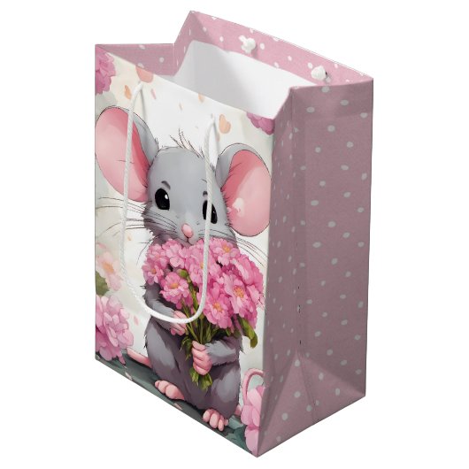 Muis met roze bloemen en polka stippen medium cadeauzakje (Voorkant Gekanteld)