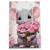 Muis met roze bloemen en polka stippen medium cadeauzakje (Voorkant)