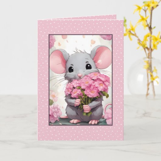 Muis met roze bloemen op stippen kaart (Gele Bloem)
