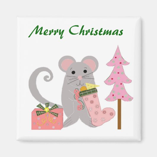 Muis met roze kerstsok magneet (Voorkant)