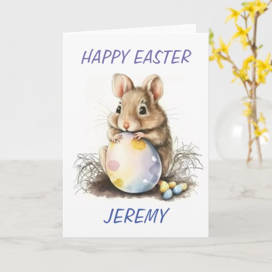 Muis met waterverf techniek voor Pasen, gepersonal Kaart (Gele Bloem)