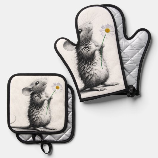 Muis met witte madeliefje ovenwant & pannenlap set (Voorkant / Achterkant)