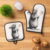 Muis met witte madeliefje ovenwant & pannenlap set (Top down)