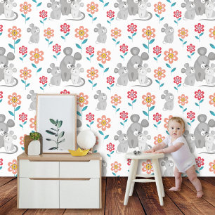 Muis moeder, baby's en bloemen patroon behang