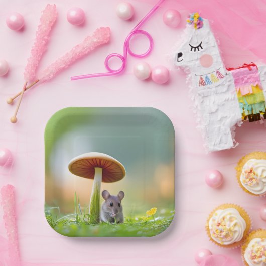 Muis onder een paddenstoel papieren bordje (Feest)