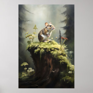 Muis op boomstronk in bos wandprint, donkere acade poster