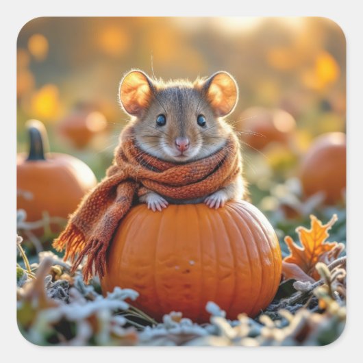 Muis op een herfstpompoen vierkante sticker (Voorkant)