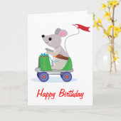 Muis op een Schaats Scooter Verjaardag Kaart (Gele Bloem)