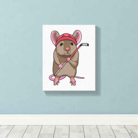 Muis op Ice hockey met ijshockeystick Canvas Afdruk (Insitu (Houten vloer))