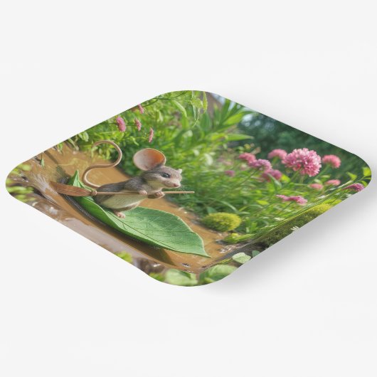 Muis Roeien Een Green Leaf Boat Papieren Bordje (Gebogen)