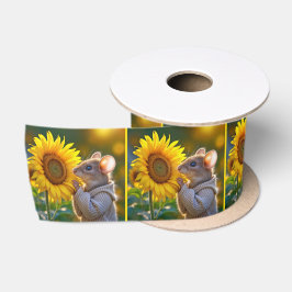 Muis ruikt een herfst zonnebloem satijnen lint