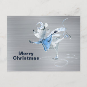 Muis Schaatsen Zilver Metaal Kerst Briefkaart