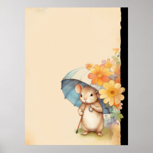 Muis schattige paraplu oranje bloemen oud papier poster