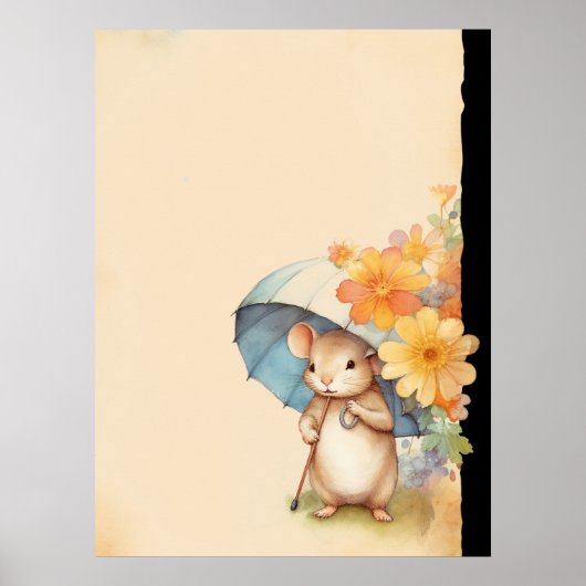 Muis schattige paraplu sinaasappel bloemen oud pap poster (Voorkant)