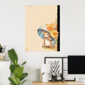Muis schattige paraplu sinaasappel bloemen oud pap poster (Thuiskantoor)