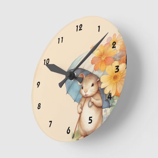 Muis schattige paraplu sinaasappel bloemen oud pap ronde klok (Hoek)