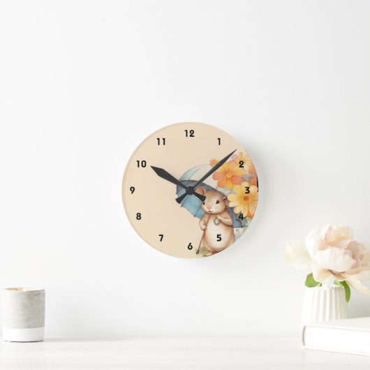 Muis schattige paraplu sinaasappel bloemen oud pap ronde klok (Huis)