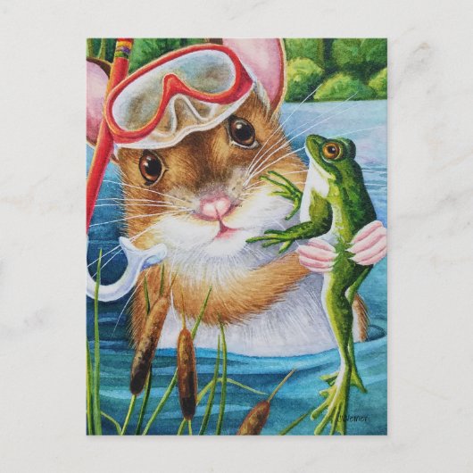 Muis Snorkel & Masker met Bullfrog Waterverf Art Briefkaart (Voorkant)